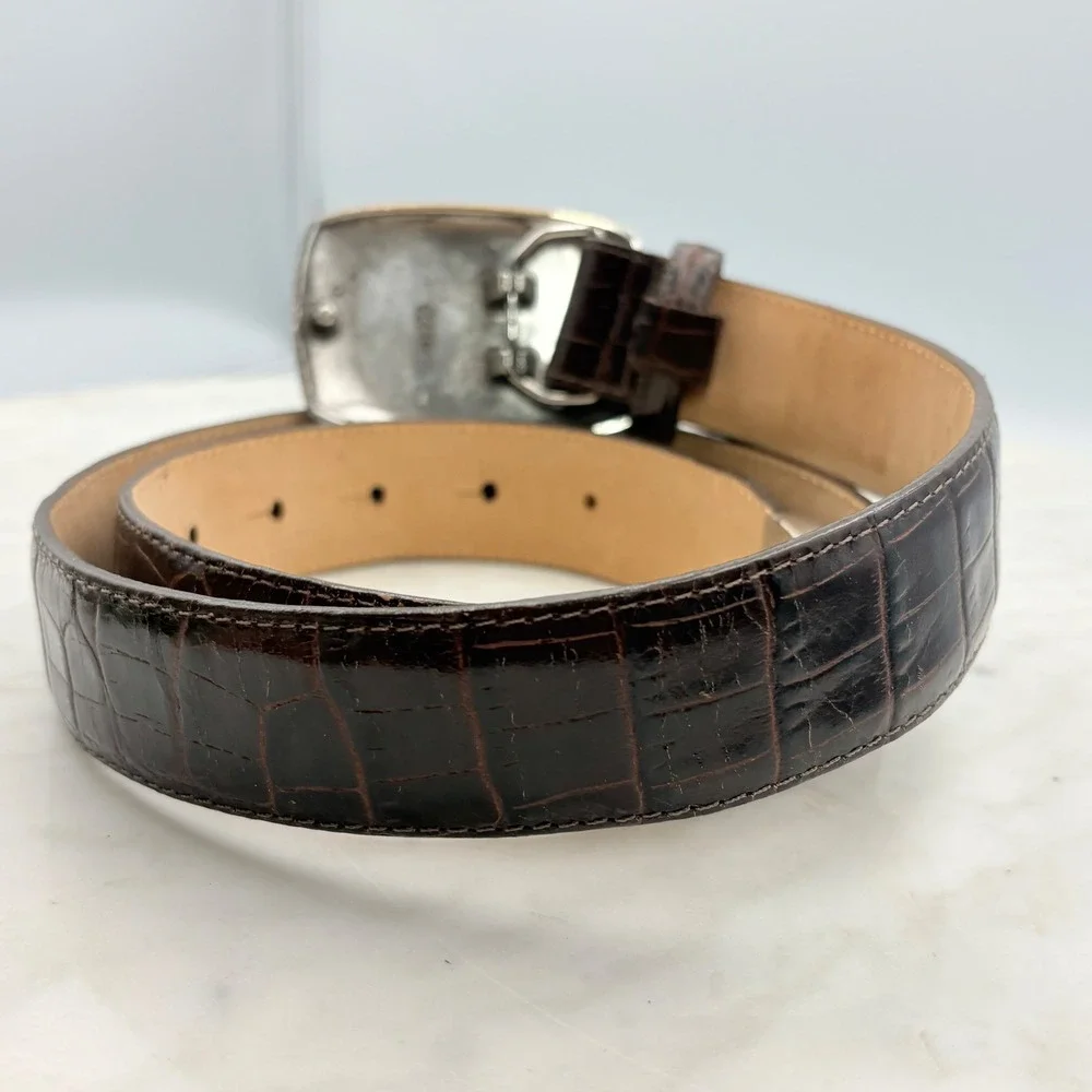 Brighton Croc Embossed Leather Belt Women Large Brown Floral Silver Buckle 24009